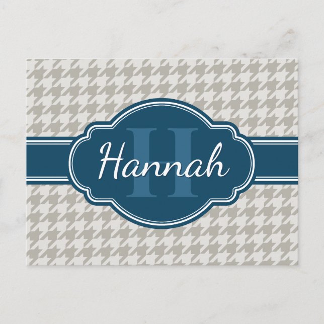 Grey Houndstooth Pattern Navy Monogram Postcard (Front)