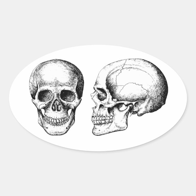 Grey Human Skulls Face Side Oval Sticker (Front)