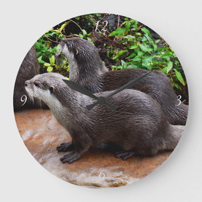 Grey Hungry Otters, Large Round Wall Clock (Front)
