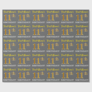 Grey, Imitation Gold Look "11th BIRTHDAY" Wrapping Paper