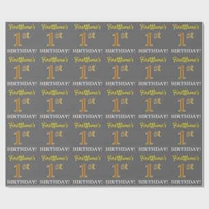 Grey, Imitation Gold Look "1st BIRTHDAY" Wrapping Paper