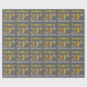 Grey, Imitation Gold Look "20th BIRTHDAY" Wrapping Paper