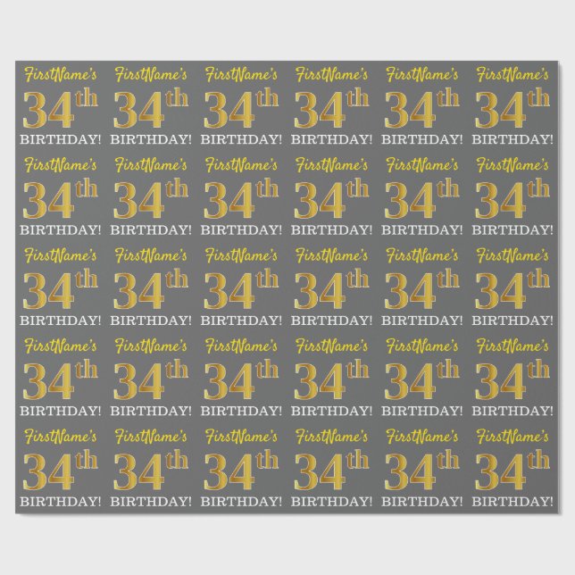 Grey, Imitation Gold Look "34th BIRTHDAY" Wrapping Paper (Flat)