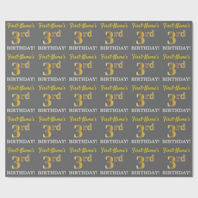 Grey, Imitation Gold Look "3rd BIRTHDAY" Wrapping Paper (Flat)