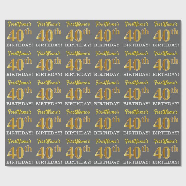 Grey, Imitation Gold Look "40th BIRTHDAY" Wrapping Paper (Flat)