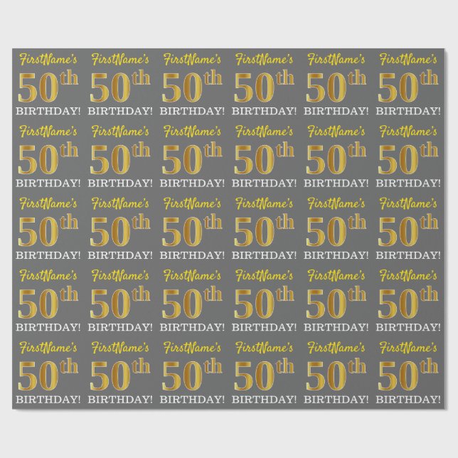 Grey, Imitation Gold Look "50th BIRTHDAY" Wrapping Paper (Flat)