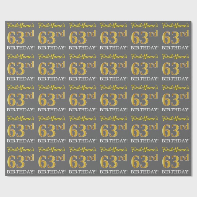 Grey, Imitation Gold Look "63rd BIRTHDAY" Wrapping Paper (Flat)