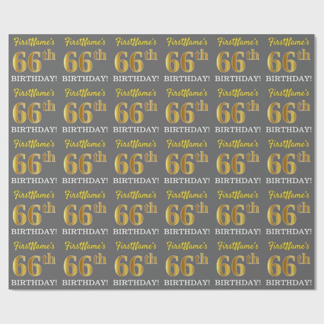 Grey, Imitation Gold Look "66th BIRTHDAY" Wrapping Paper (Flat)
