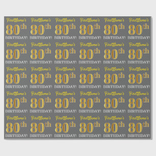 Grey, Imitation Gold Look "80th BIRTHDAY" Wrapping Paper