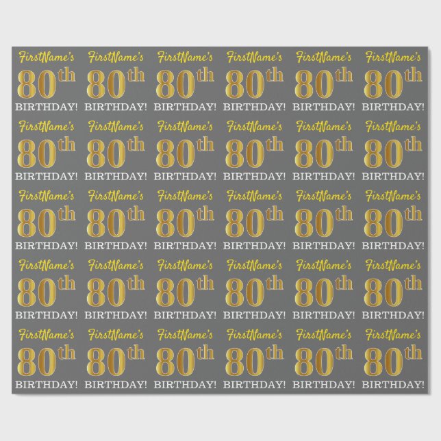 Grey, Imitation Gold Look "80th BIRTHDAY" Wrapping Paper (Flat)