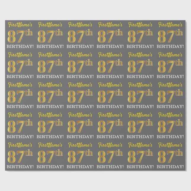 Grey, Imitation Gold Look "87th BIRTHDAY" Wrapping Paper (Flat)
