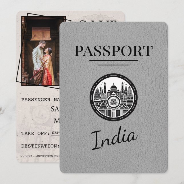 Grey India Passport Save The Date (Front/Back)
