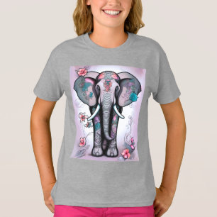 Grey Indian Elephant Embellished with Flowers T-Shirt