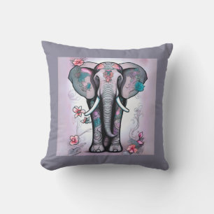 Grey Indian Elephant Embellished with Flowers Throw Pillow