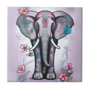 Grey Indian Elephant Embellished with Flowers Tile