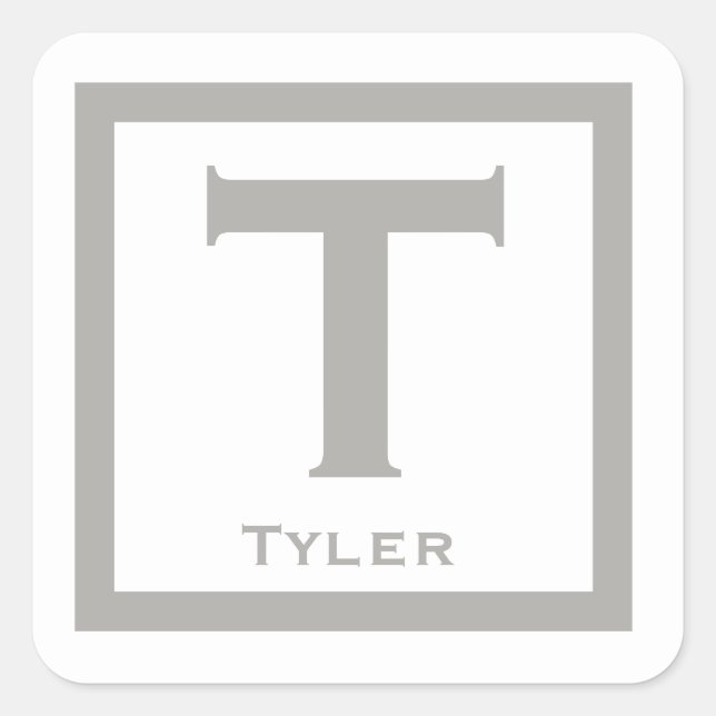 Grey Initial Name Kids Boy Party Back to School Square Sticker (Front)