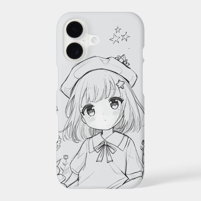 Grey iPhone 17 Case with Cute Kawaii Girl Design (Verso)