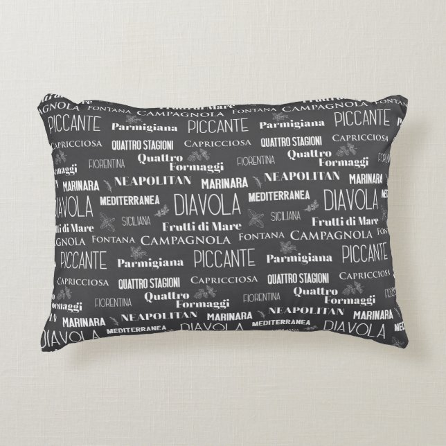 Grey Italian Restaurant Pizza Names Typographic Accent Pillow (Front)