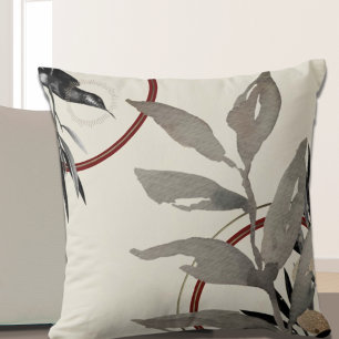 Grey Ivory & Burgundy Abstract Watercolor Leaves Throw Pillow