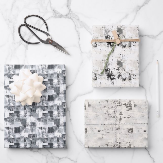 Grey, Ivory & White Abstract Trio  Wrapping Paper Sheet (Front)