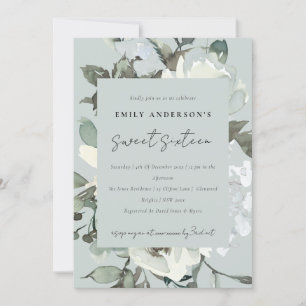 GREY IVORY WHITE FLORAL BUNCH SWEET 16 BIRTHDAY INVITATION