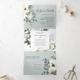 GREY IVORY WHITE FLORAL WATERCOLOR BUNCH WEDDING Tri-Fold INVITATION