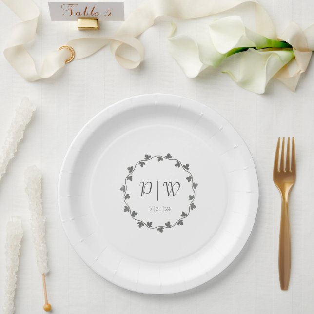 Grey Ivy Wreath Monogram Wedding Paper Plate (Wedding)