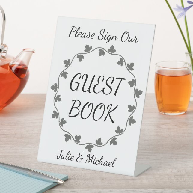 Grey Ivy Wreath Wedding White Guest Book Pedestal Sign (In SItu)