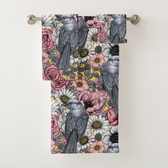 Grey jays and flowers bath towel set (Insitu)