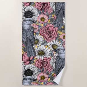 Grey jays and flowers beach towel