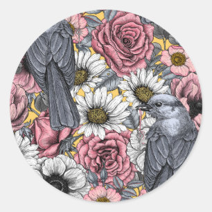 Grey jays and flowers classic round sticker