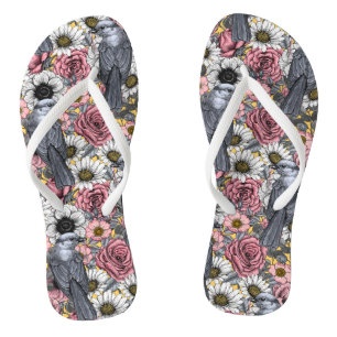 Grey jays and flowers flip flops