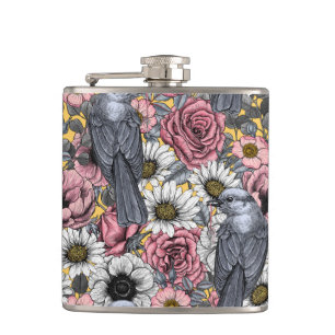 Grey jays and flowers hip flask