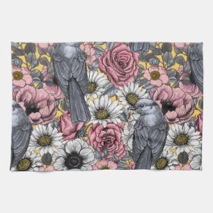 Grey jays and flowers kitchen towel
