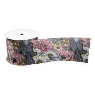 Grey jays and flowers satin ribbon