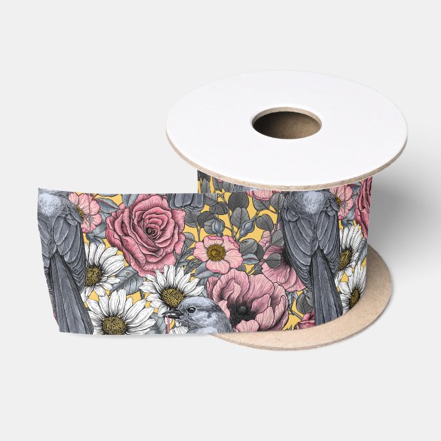Grey jays and flowers satin ribbon (Spool)