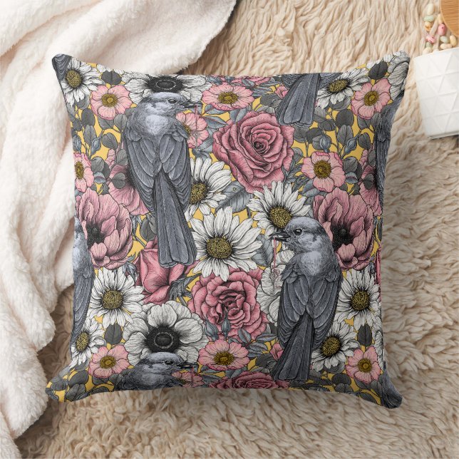 Grey jays and flowers throw pillow (Blanket)