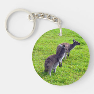Grey Kangaroos On Green Grass, Keychain