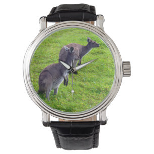 Grey Kangaroos On Green Grass, Mens Leather Watch. Watch