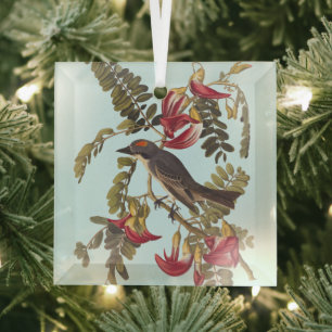 Grey Kingbird Audubon Bird on Flowering Tree Glass Ornament