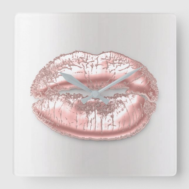 Grey  Kiss Lips Pink Rose Blush Makeup Artist Square Wall Clock (Front)