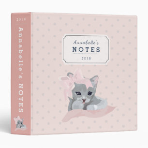 Grey Kitten Big Pink Ribbon Pink Polka Dot Binder
