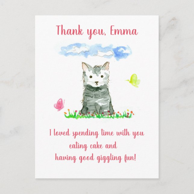 Grey Kitten Birthday Party Custom Name Thank You Postcard (Front)