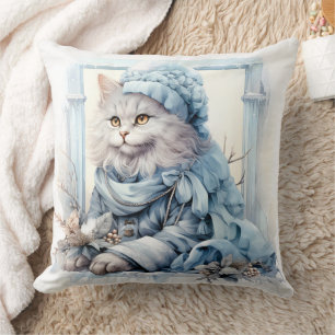 Grey Kitten Blue Victorian Clothes Throw Pillow