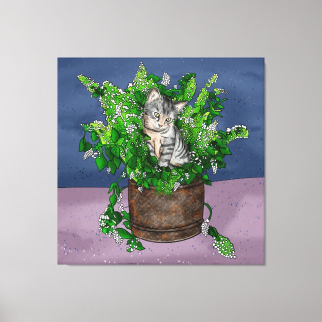 Grey Kitten in Bucket of Catnip  Canvas Print (Front)