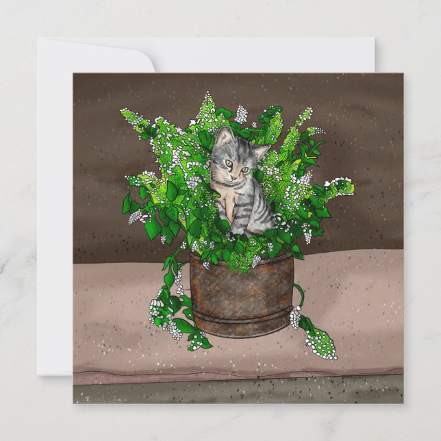 Grey Kitten in Bucket of Catnip Thank You Card (Front)
