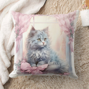  Grey Kitten Pink Bow Throw Pillow