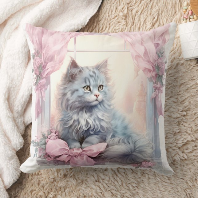  Grey Kitten Pink Bow Throw Pillow (Blanket)