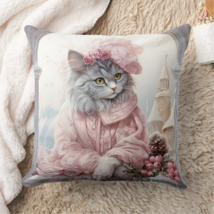 Grey Kitten Pink Frilly Clothes Throw Pillow