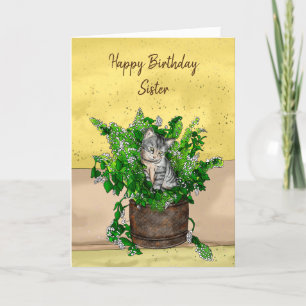 Grey Kitten sitting in a Pot of Catnip Birthday   Card